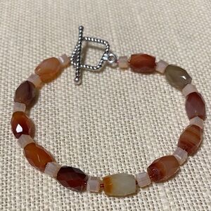 Elegant 8” natural red agate gemstone & crystal Beaded SS toggle clasp bracelet